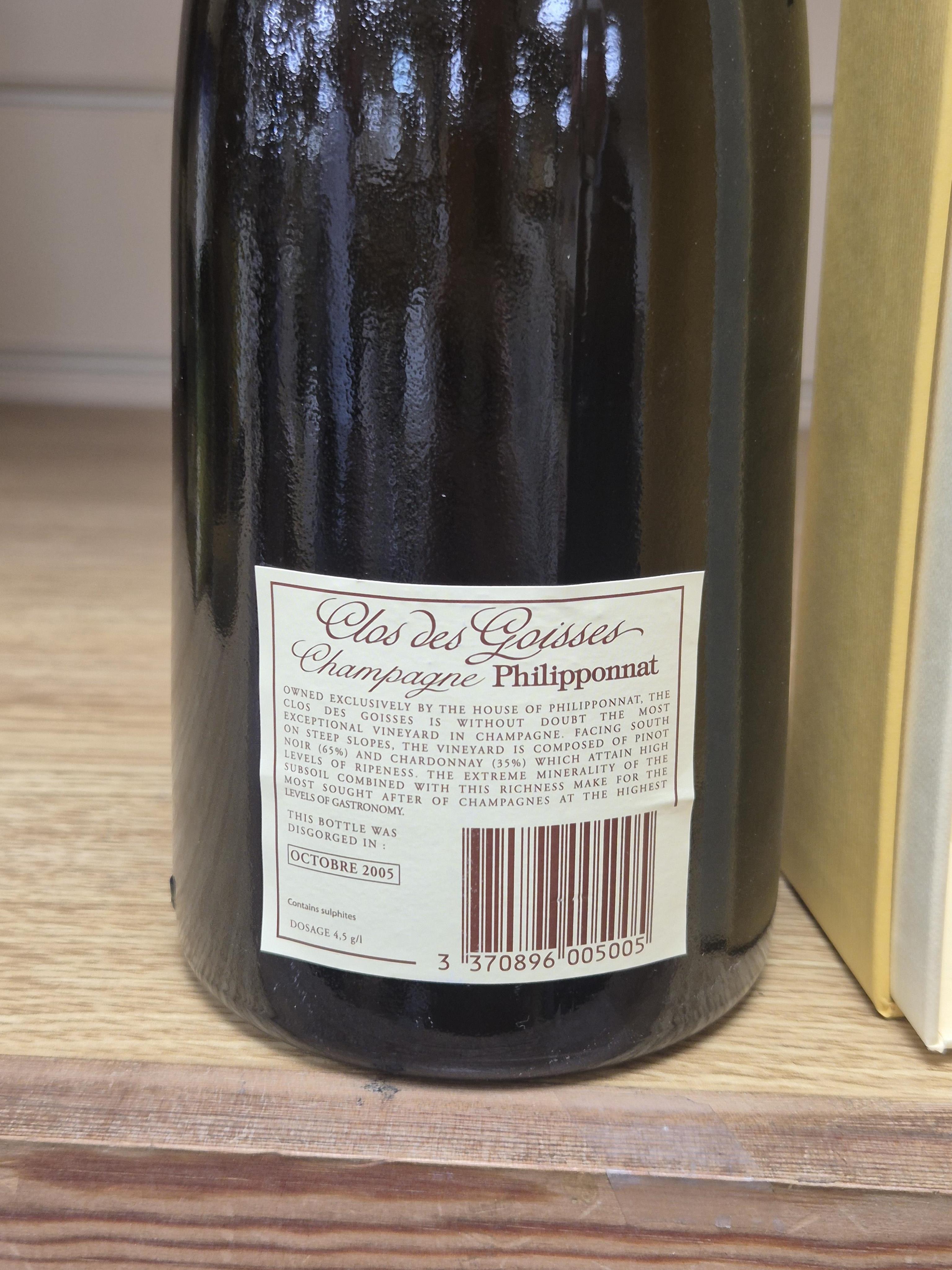 A bottle of Clos des Goisses Champagne, 1996, cased